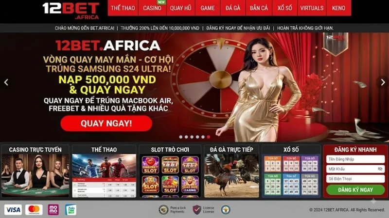 Giao diện trang chủ 12BET chuyên nghiệp với tông màu chủ đạo hiện đại và các biểu tượng thể thao trực tuyến